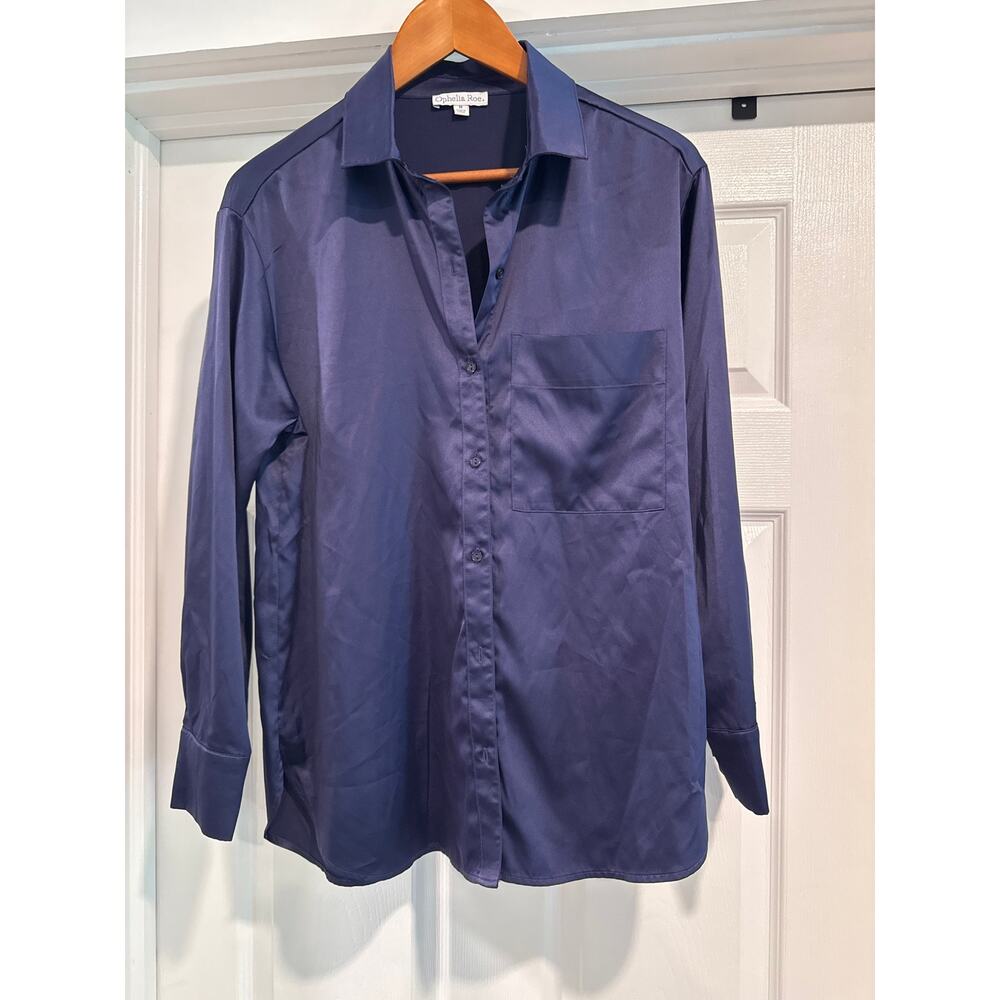 Ophelia Roe Deep Purple Faux Satin Blouse Women's Size M